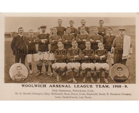 WOOLWICH ARSENAL 1908-09   Postcard, Woolwich Arsenal team group, 1908-09, players named beneath.  Good