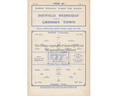 SHEF WED - GRIMSBY 1931   Wednesday home programme v Grimsby, 31/8/1931, Wednesday won 4-1 scoring 20 goals in their first fo