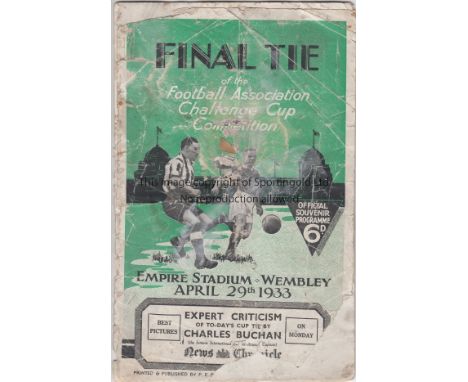1933 FA CUP FINAL   Programme for the Final in poor condition, piece torn off bottom corner and edge of front cover, creases,