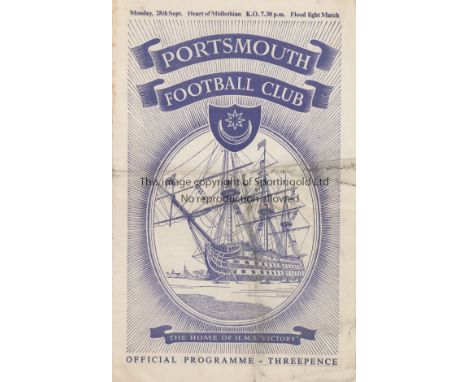 PORTSMOUTH - HEARTS 1953   Portsmouth home programme v Hearts, 28/9/53, flood light friendly, slight wear along folds on fron