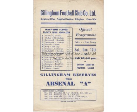 GILLINGHAM / ARSENAL   Single sheet programme Gillingham Reserves v Arsenal "A" Eastern Counties League 17th December 1949. F