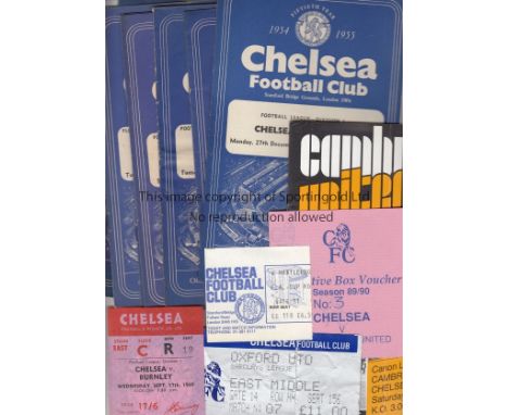 CHELSEA        A small collection of home and neutral programmes 1954 onwards plus 4 home tickets and an away VIP package at 