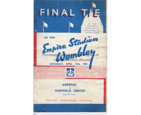 FA CUP FINAL 1936   Programme Arsenal v Sheffield United. Slight colour bleeding. Lacks staples. Minor tippex marks where sta