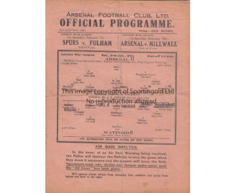 ARSENAL V WATFORD 1942 Single sheet programme for the Arsenal home London War League match 31/1/42, folded and team changes. 