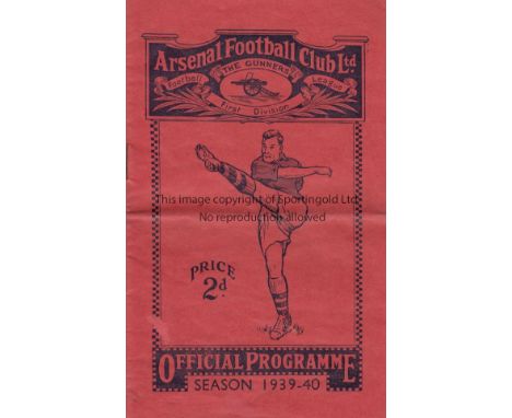 ARSENAL      Programme for the first home match in the truncated 1939/40 season v. Leicester City Reserves 26/8/1939, Volume 