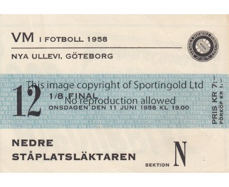 WORLD CUP 1958   Ticket England v Brazil in Gothenburg 11th June 1958. Light staple marks with price in old money in pencil o