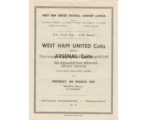WEST HAM UTD. V ARSENAL       Four page programme for the Youth Cup match played at West Ham 4/3/1957, very slightly creased 