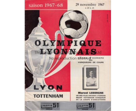 OLYMPIQUE LYON - SPURS 67   Olympique Lyonnais home programme v Tottenham, 29/11/67, Cup-Winners Cup, score noted, large form