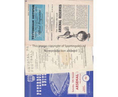 ARSENAL RESERVES    Three away programmes for season 1962/3, C. Palace, very slightly marked, Tottenham and Peterborough Utd.