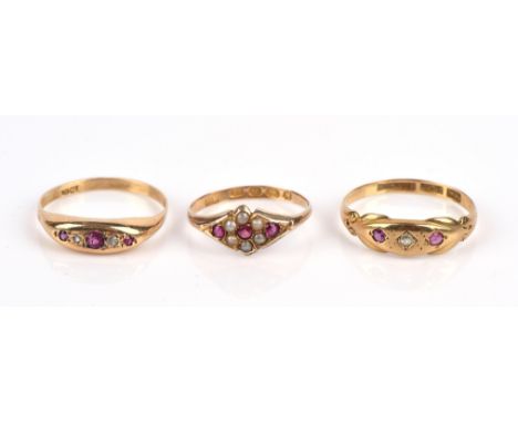 Three gem set rings, two set with rubies and diamonds, size M and N, in 18 ct, and one ruby and pearl ring in 12 ct, size ICo