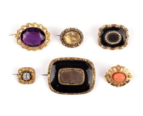 Six brooches, including a mourning  enamel and seed pearl brooch with glazed panel to the front and back in tested 9 ct, a co