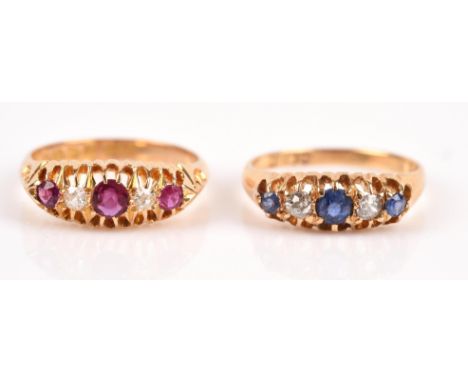 Two five stone rings, one sapphire and diamond, with three round cut sapphires and two old cut diamonds, all claw set in 18ct