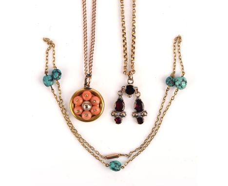 Three 9 ct necklaces, including a foil backed pendant on a fancy belcher chain with a magnetic clasp, a turquoise necklace wi