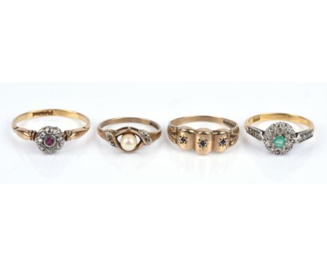 Four rings, including a three stone sapphire ring in 9 ct, size P, a pearl and diamond ring in 9 ct, size K, an emerald and d