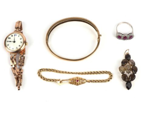 Selection of jewellery including a diamond hinged bangle in 9 ct gold, a ladies 9 ct gold cased watch, with a manual wind mov