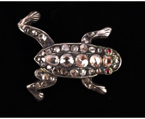 Victorian diamond frog brooch, set with rose cut diamonds and ruby eyes in closed back settings, in silver and 9 ct, measurin