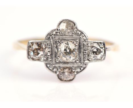 Art Deco diamond panel ring, set with old cut diamonds, mounted in stamped 18 ct and platinum, ring size NCondition Report:  