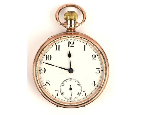 Record watch Company , a Gold open face pocket watch, the unsigned white enamel dial with Arabic numeral hour markers set wit