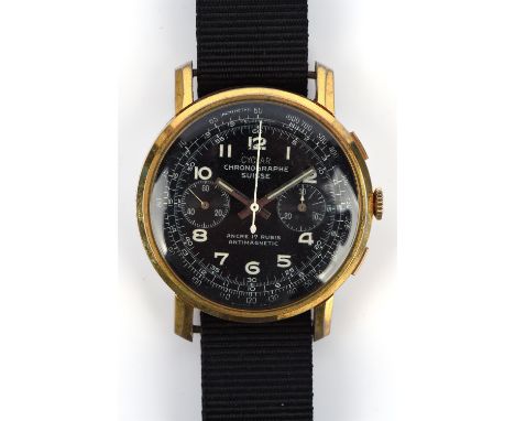 A Cyclar Chrongraphe Suisse wristwatch, the signed black dial with outer telemetre scale, Arabic numeral hour markers and two