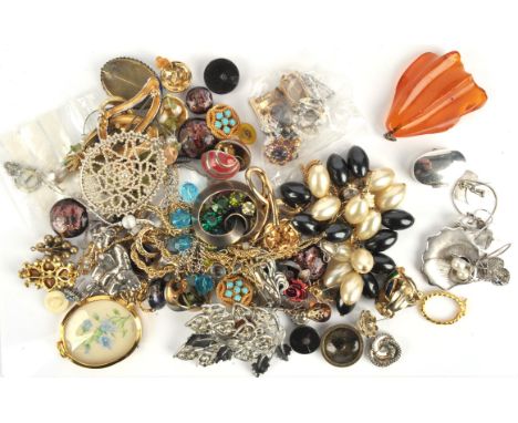 A collection of costume jewellery, including a floral pearl pendant and earring set, a pearl set oyster brooch, a pair of cuf