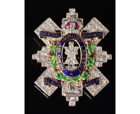 Royal Highlanders Black Watch sweetheart brooch, set with single cut diamonds, calibre cut rubies and enamel work, with 'Nemo