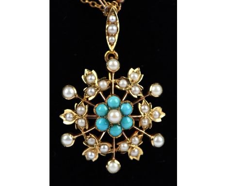 Edwardian seed pearl turquoise pendant brooch, set with six cabochon cut turquoises and seed pearls, with removable articulat