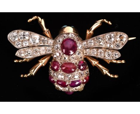 Bee brooch, set with oval cabochon rubies with a total estimated weight of 3.05 carats and old cut diamonds with a total esti