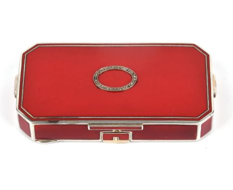 Auguste Peyroula, Art Deco enamelled vanity case, with red enamel and rose cut diamonds set in an oval to the lid, the inside