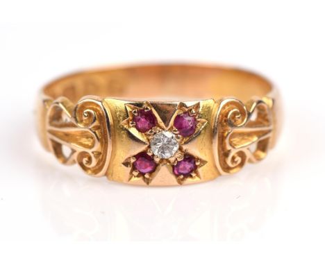 An antique ruby and diamond band ring, set in 18 ct gold, hallmarked Chester 1907, ring size OCondition Report:  Gross weight