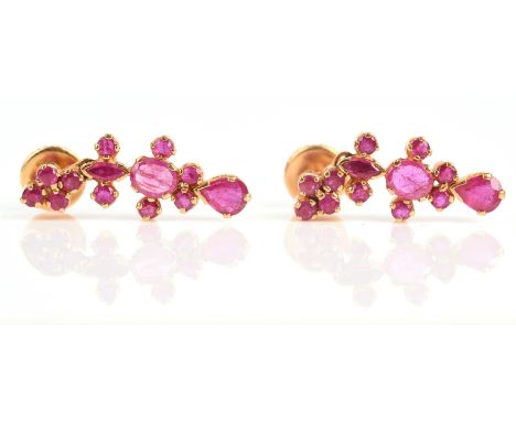 Ruby drop earrings, set with round cut, marquise cut, oval cut and pear cut rubies, weighing an estimated total of 2.30ct, mo