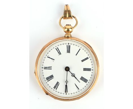 Robert Brandt and Company a Ladies Gold open faced pocket watch with enamel  and guilloche wave back, the white enamel dial w