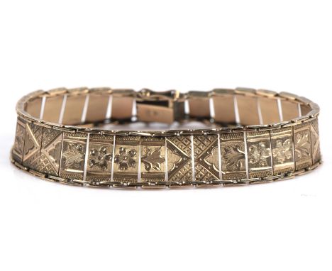 Gold panel bracelet, with engraved pattern and floral detail, concealed clasp and two figure of eight safety catches, stamped