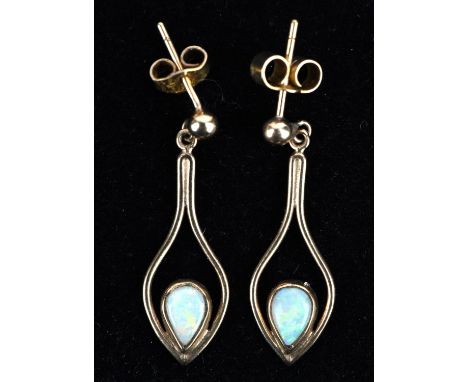 Opal drop earrings, with pear opal cabochons in openwork settings, in 9 ct, with post and butterfly fittings for pierced ears