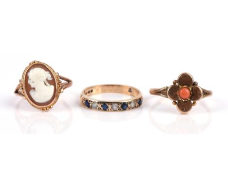 Three rings, including an Edwardian cameo ring in 9 ct, hallmarked Birmingham, 1915, size M, a sapphire and paste half eterni