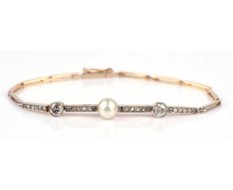 Pearl and diamond bracelet, articulated fancy link bracelet with top panels set with rose cut diamonds, with two old cut diam