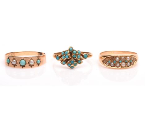 Three Edwardian turquoise rings, including a turquoise cluster ring with floral motifs, in tested 18 ct, size N, a turquoise 