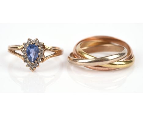Sapphire and diamond ring, with central pear cut sapphire with a surround of single cut diamonds, in 9 ct, size J, together w