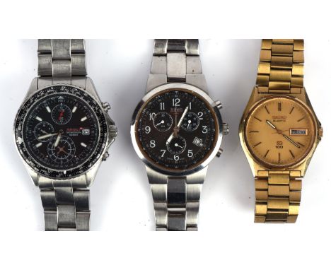 A Seiko 100 gold plated day date wristwatch with Quartz movement, A Seiko stainless steel Chronograph wristwatch with Tachyme