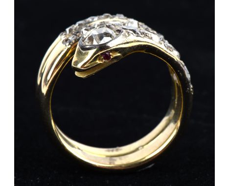 Victorian diamond set snake ring, three banded snake motif ring, set with old cut diamonds with a total estimated weight of 1