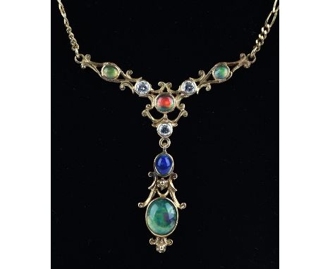 Opal and diamond necklace, with oval cabochon opals with foil backs, set in a scrollwork motif mount with round brilliant dia