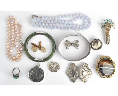 A group of mainly silver jewellery, including an antique portrait brooch with twisted frame, pin and catch fitting, a silver 