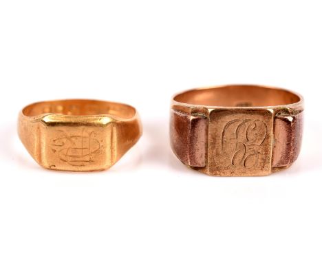Two signet rings, one a square faced signet with worn initial engraving to the top, in 18 ct hallmarked London, 1926, size R,