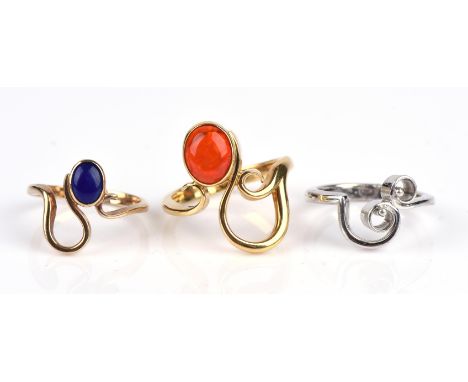 Three Jon and Valerie Hill rings, including one set with a fire opal cabochon, in 18 ct, size Q, one set with sodalite in 9 c