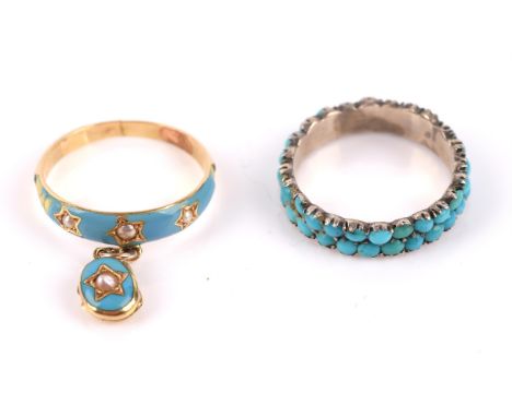 Two antique rings, one a blue enamel and star set pearl ring with a locket attached, in tested 18 ct, size I, the other a tur