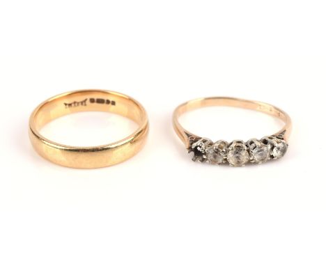 Two rings, a white sapphire five stone ring, in stamped 9 ct and 4.2mm wedding band, size R, in 18 ct Condition Report:  9 ct