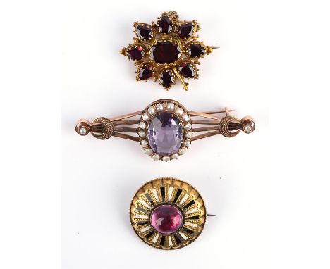 Three brooches, including a amethyst and pearl bar brooch in 9 ct, a rock crystal and enamel brooch with glazed panel to the 