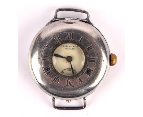 Weir and Sons Dublin, A half hunter style wristwatch,the signed dial with Arabic numeral hour markers,and subsidiary seconds 