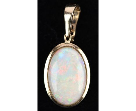 Opal pendant, oval cabochon cut opal, measuring approximately 17 x 11mm, with hinged bail, stamped 14 ct Condition Report:  G