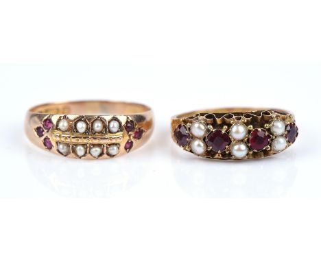 Two rings in 15 ct, one ruby and pearl hallmarked Chester, 1891, size N, one garnet and pearl, size KCondition Report:  Gross