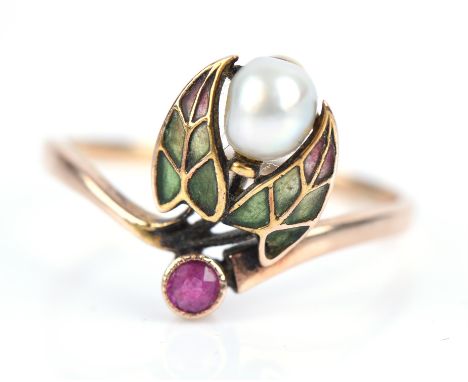 Art Nouveau enamel, ruby and pearl ring, with leaf motif enamel, in 9 ct, size O½Condition Report:  Gross weight 2.49slight d